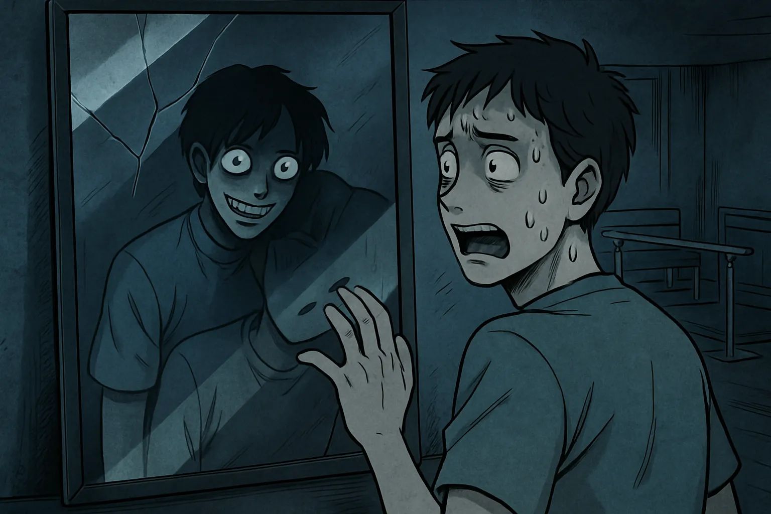 Japanese Ghost Story illustration "title: The Mirror in the Rehabilitation Room"