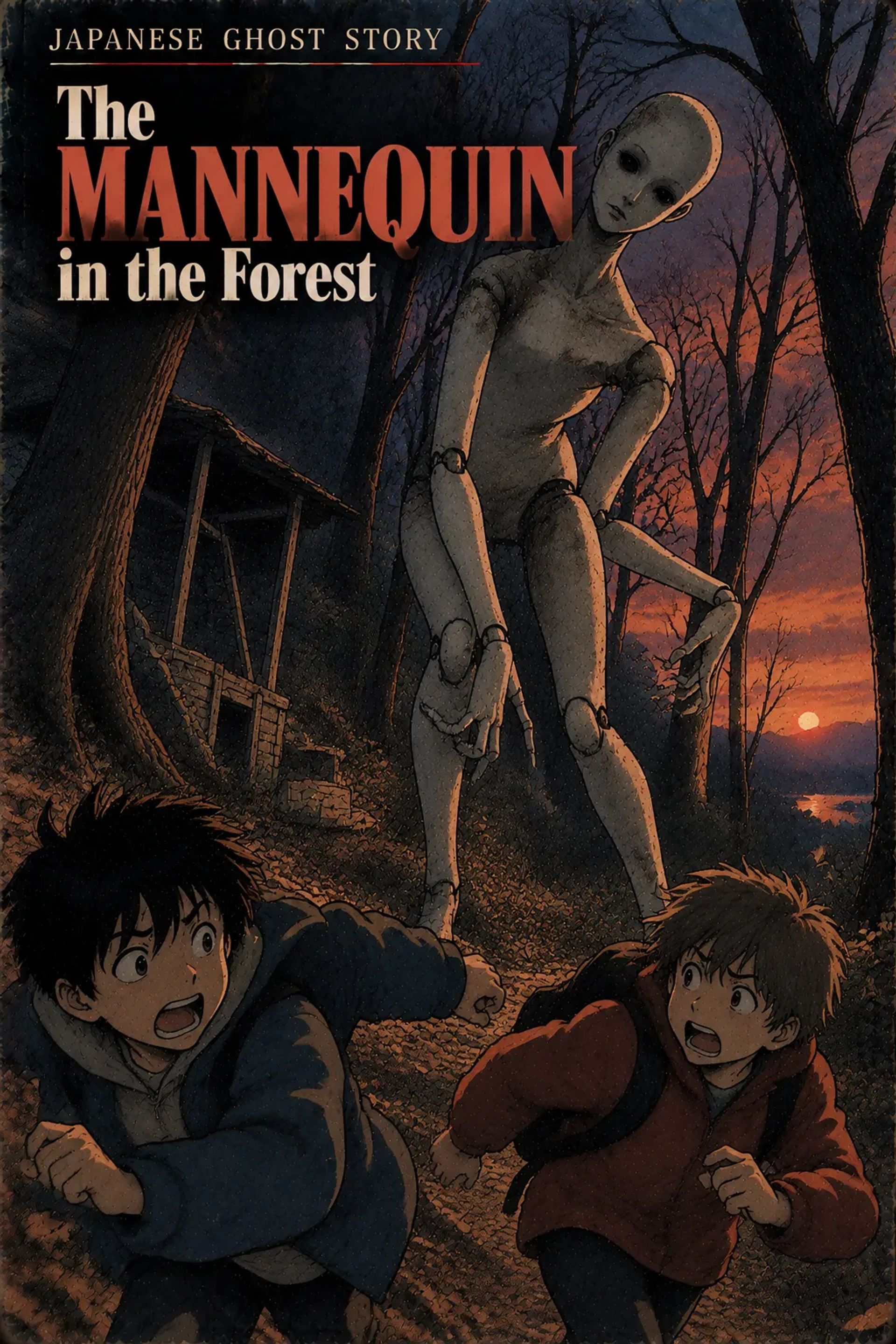 Japanese Ghost Story illustration "title: The Mannequin in the Forest"