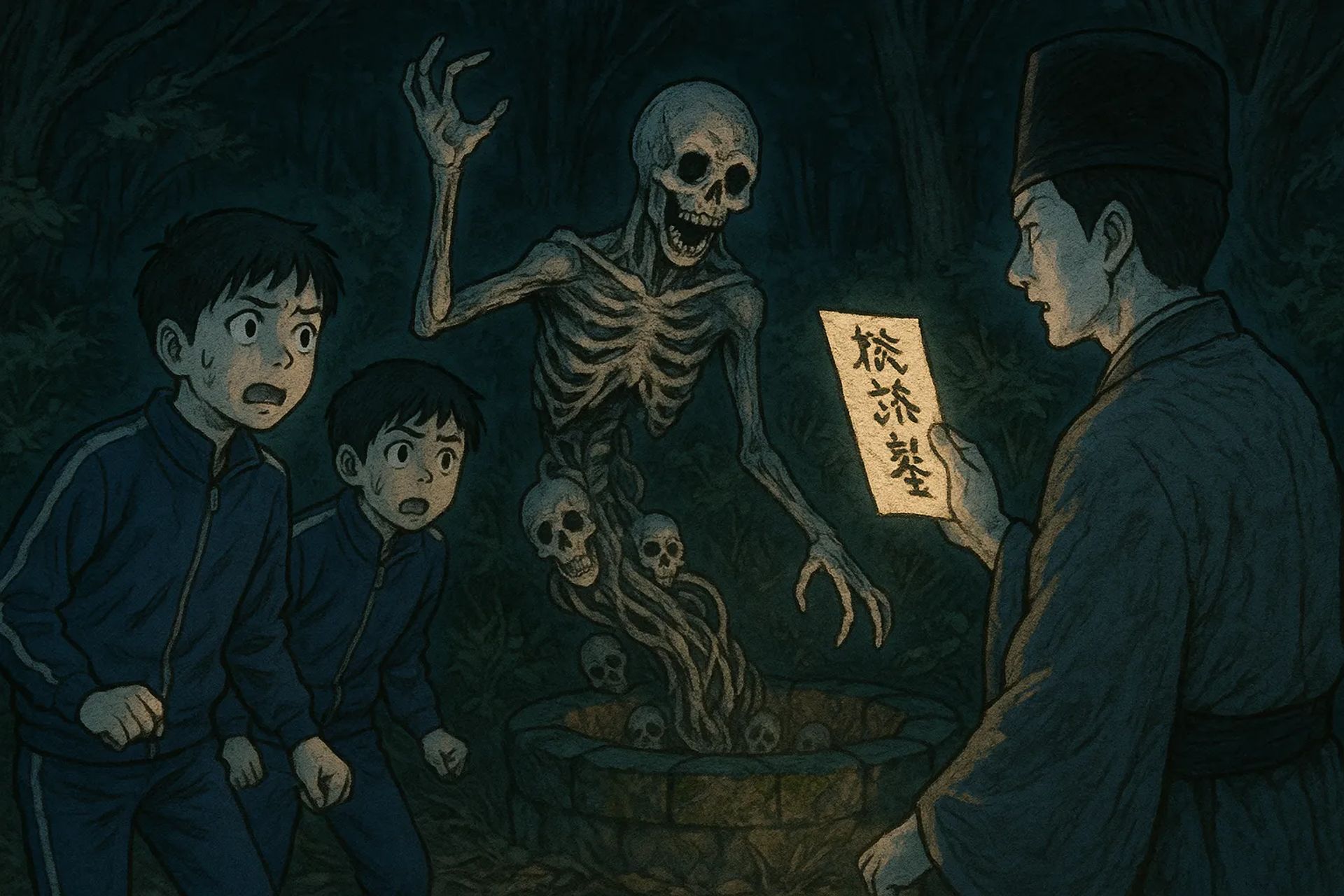 Japanese Ghost Story illustration "title: The Kyokotsu at Well"