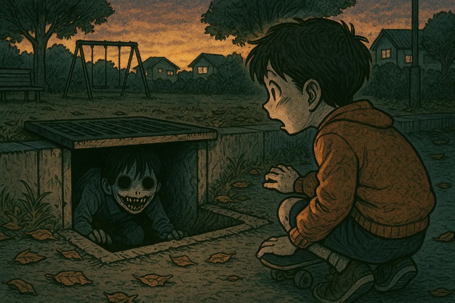 Japanese Ghost Story illustration "title: Voice in the Drain"