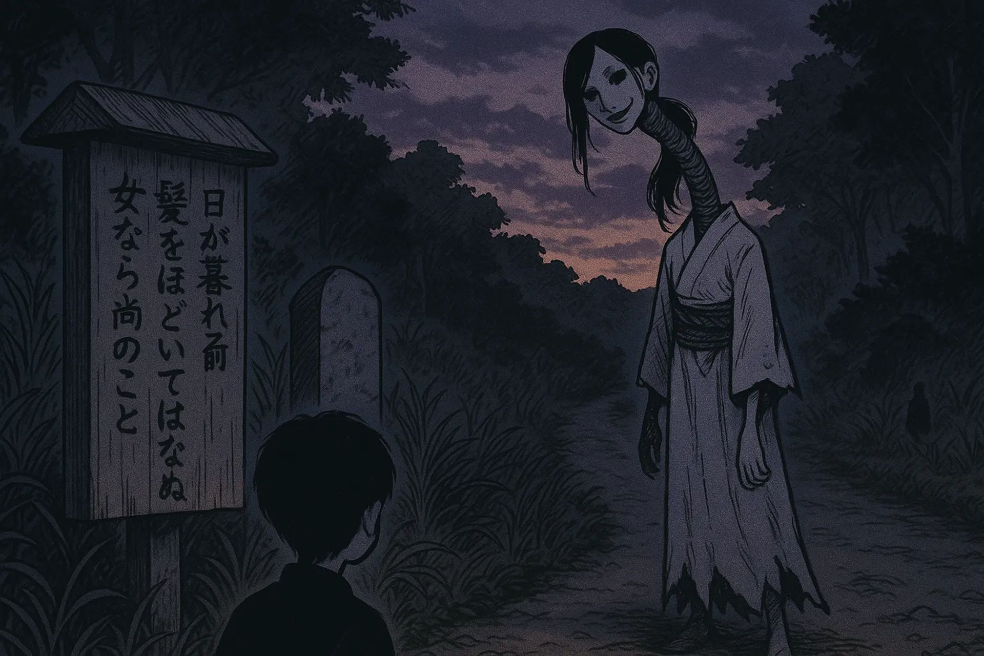 Japanese Ghost Story illustration "title: The Long-Necked Woman at Dusk"