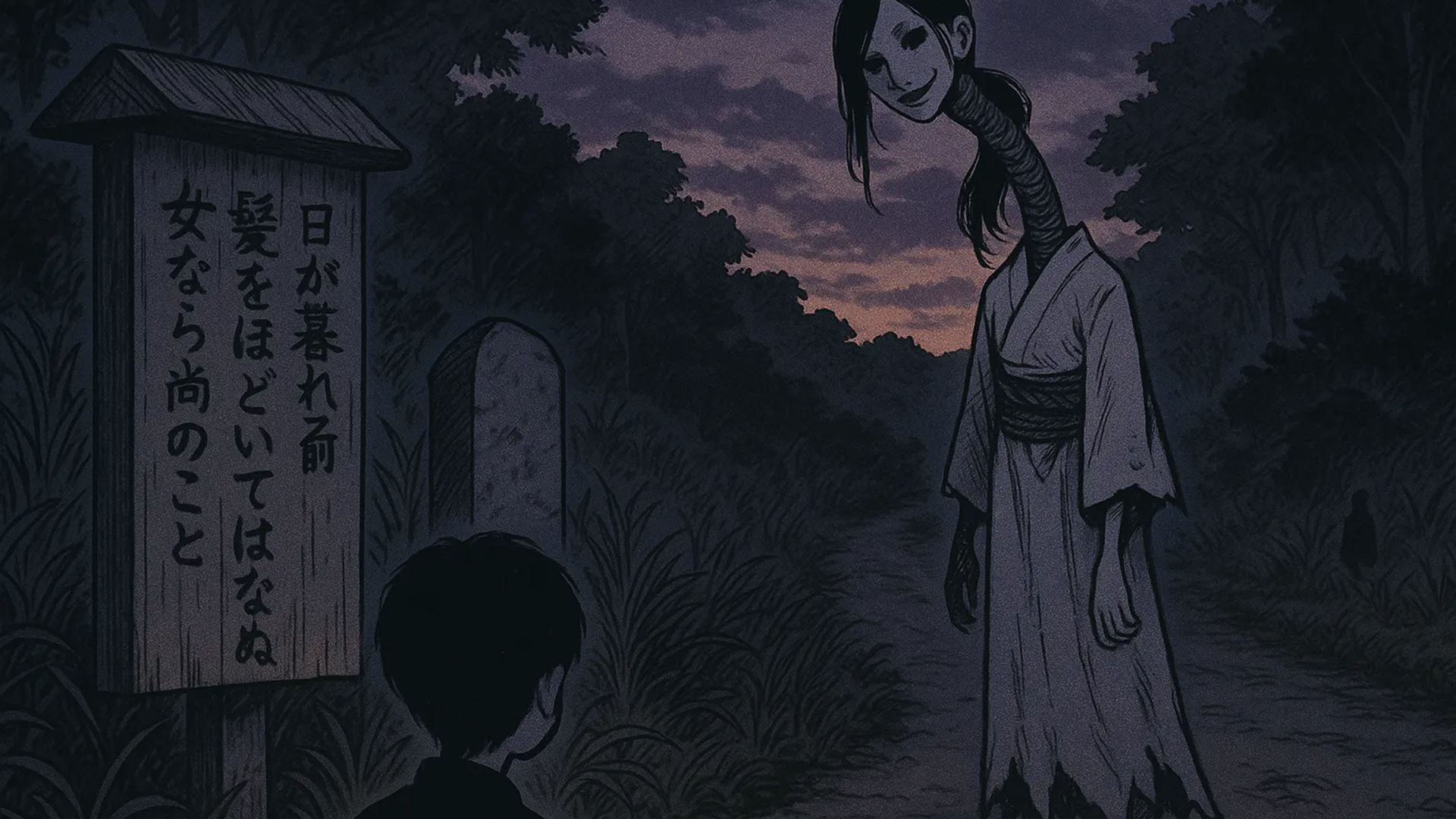 Japanese Ghost Story illustration "title: The Long-Necked Woman at Dusk"