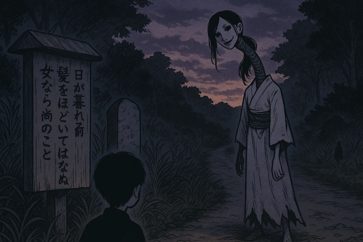 Japanese Ghost Story illustration "title: The Long-Necked Woman at Dusk"
