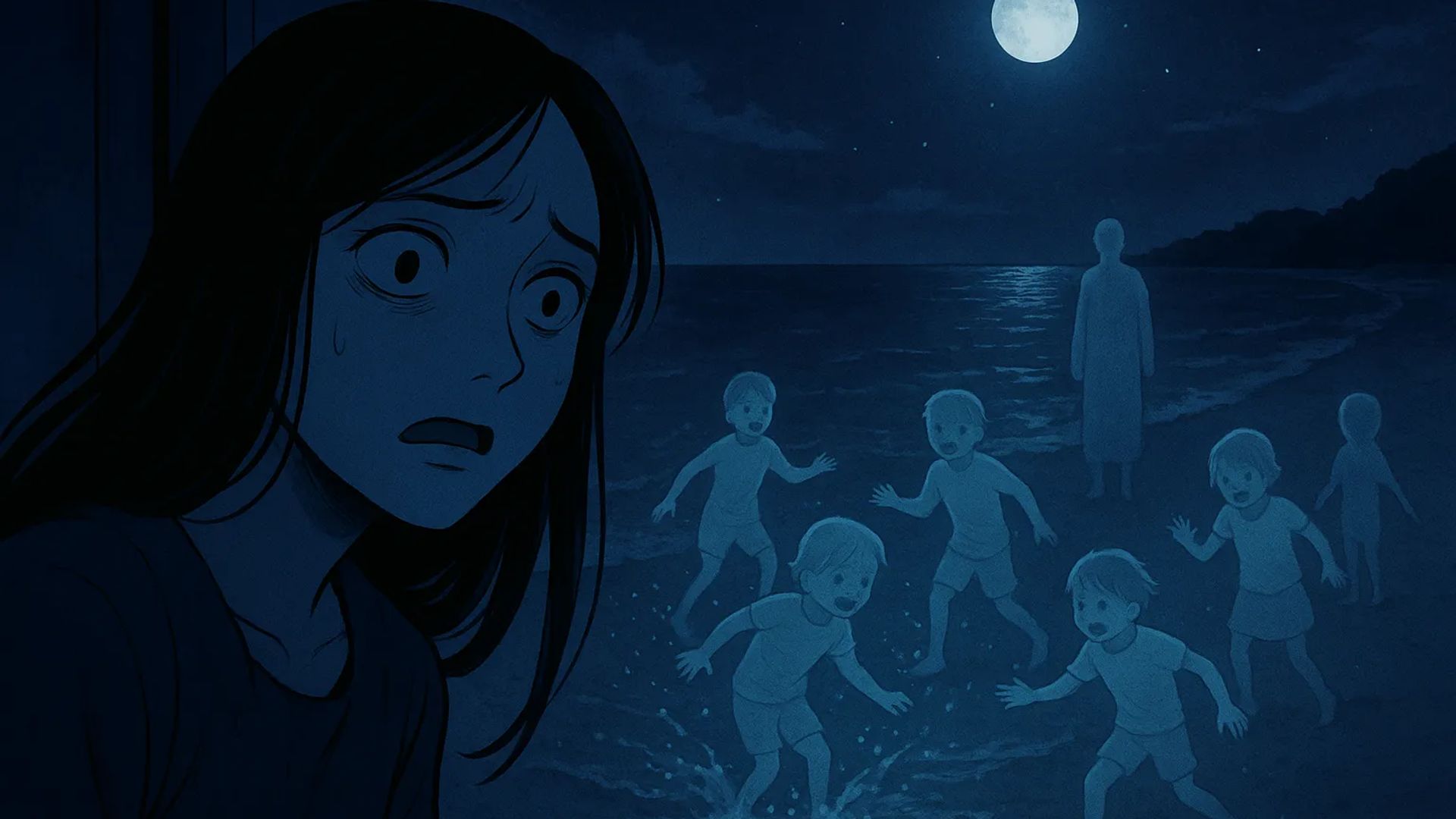 Japanese Ghost Story illustration "title: The Children on the Beach"