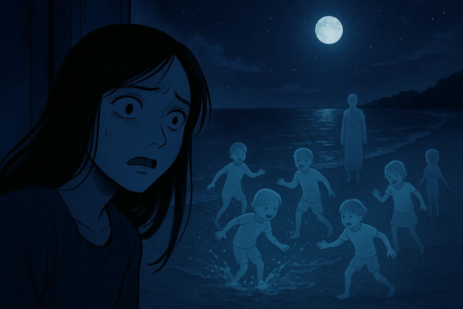 Japanese Ghost Story illustration "title: The Children on the Beach"