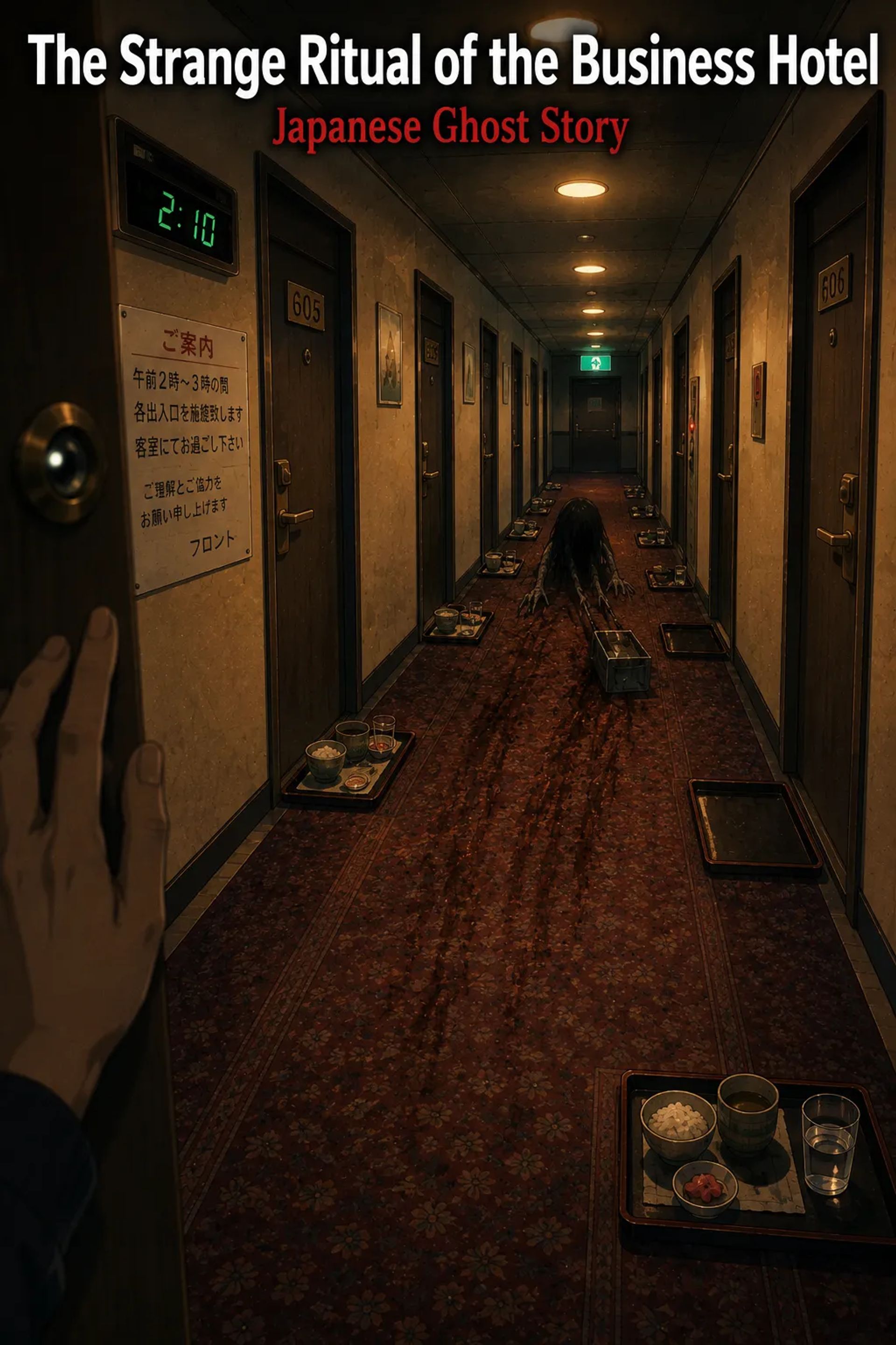 Japanese Ghost Story illustration "title: The Strange Ritual of the Business Hotel"