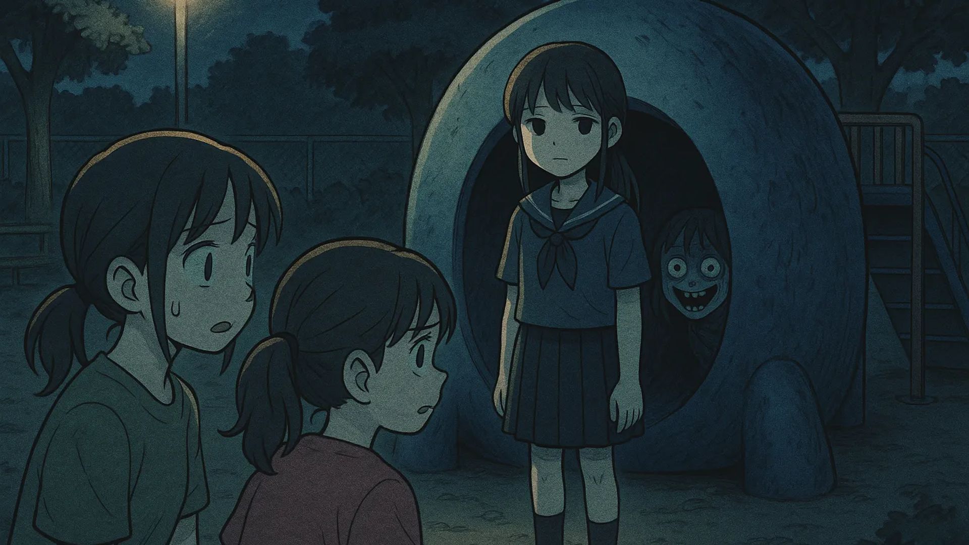 Japanese Ghost Story illustration "title: The Child in the Playground Tunnel"