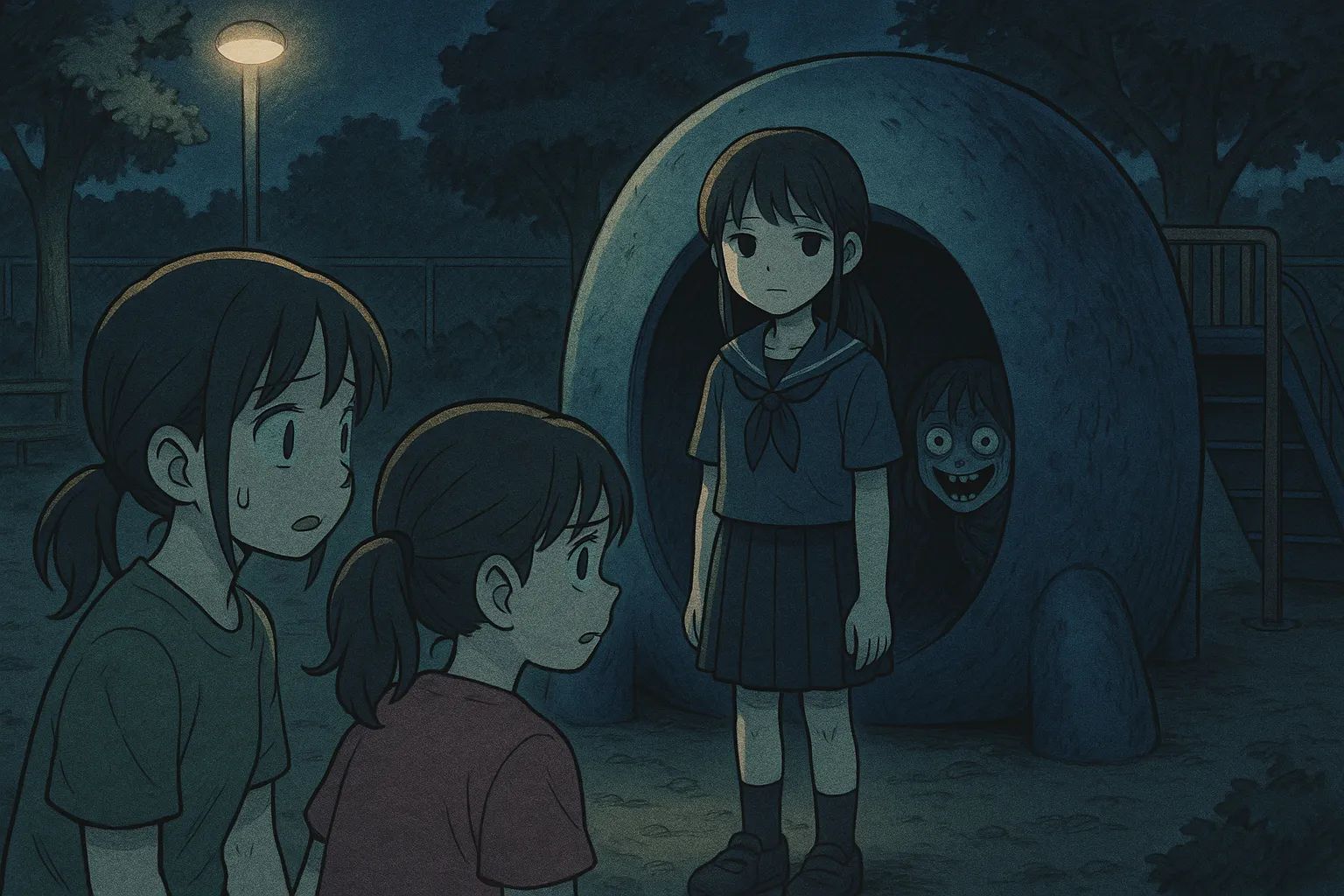Japanese Ghost Story illustration "title: The Child in the Playground Tunnel"