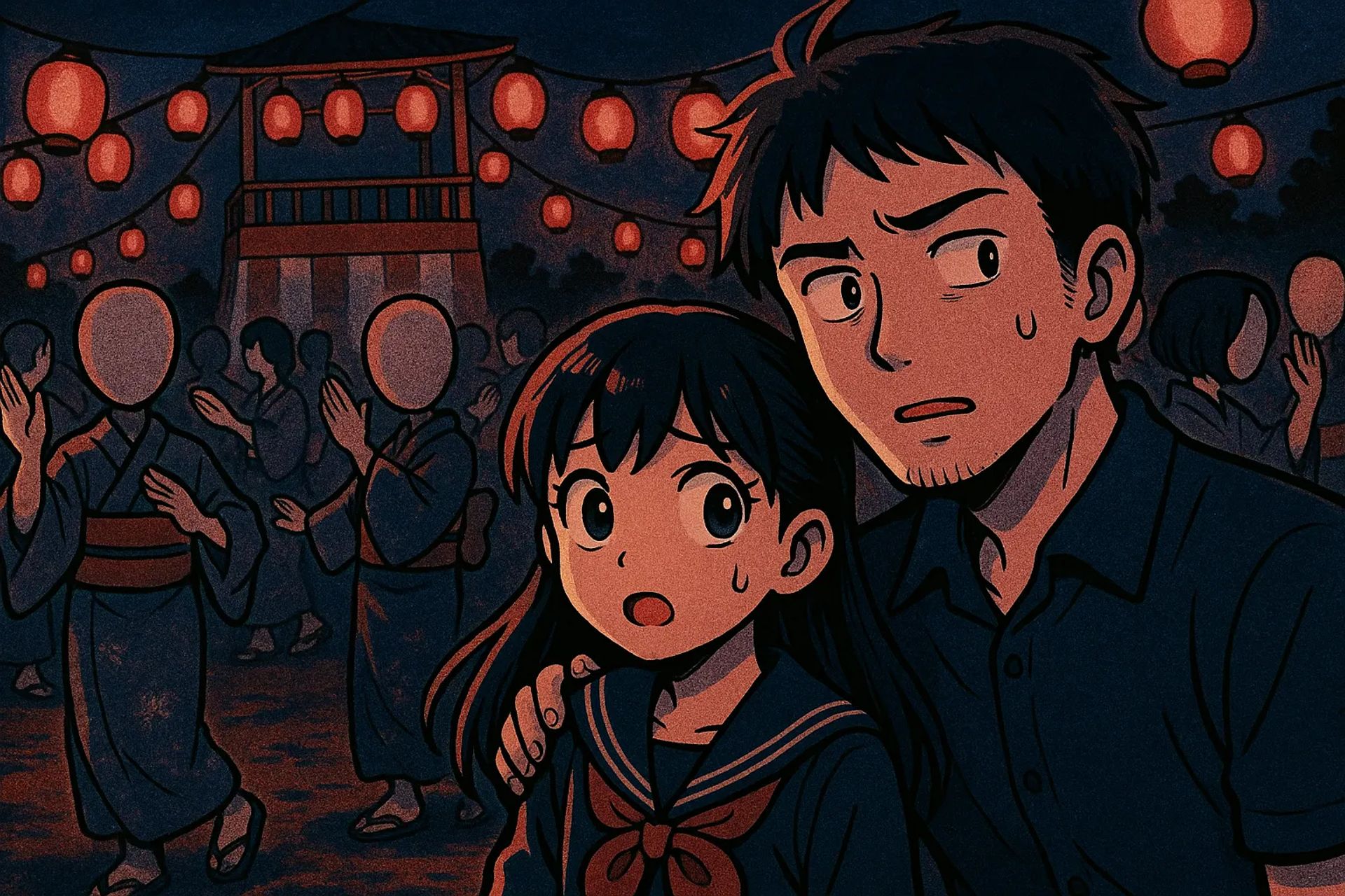 Japanese Ghost Story illustration "title: The Faceless Bon Odori"