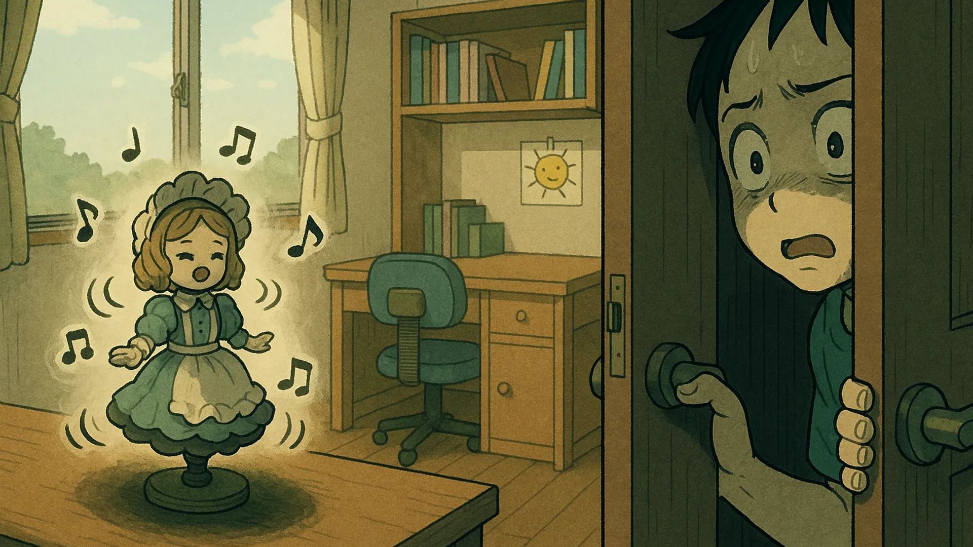 Japanese Ghost Story illustration "title: The Doll That Kept Spinning"