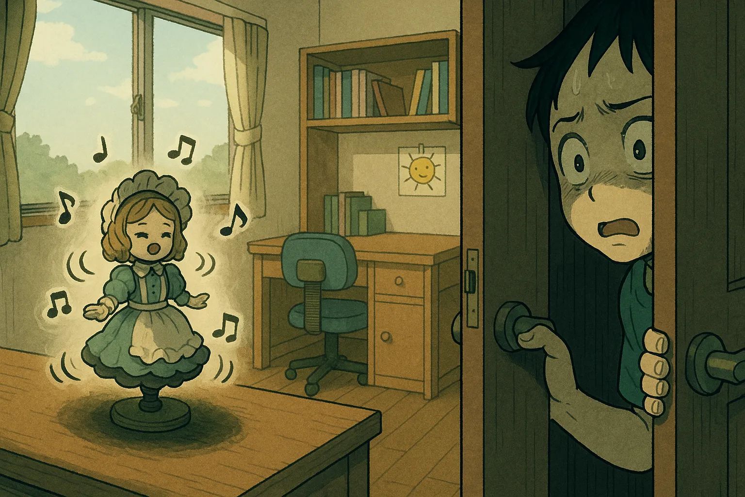 Japanese Ghost Story illustration "title: The Doll That Kept Spinning"
