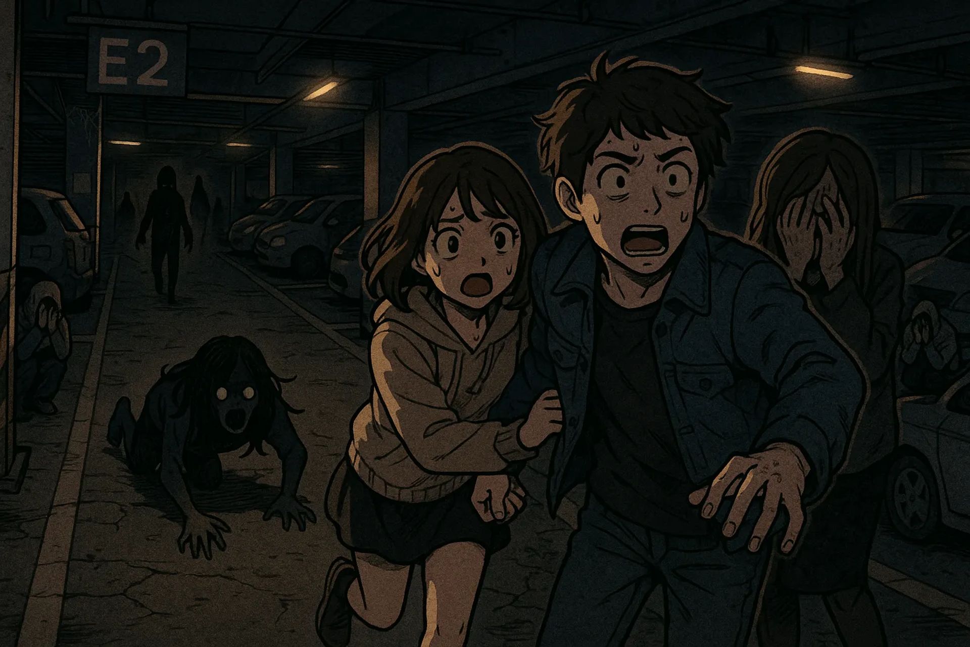 Japanese Ghost Story illustration "title: Parking Lot of the Giant Mall"