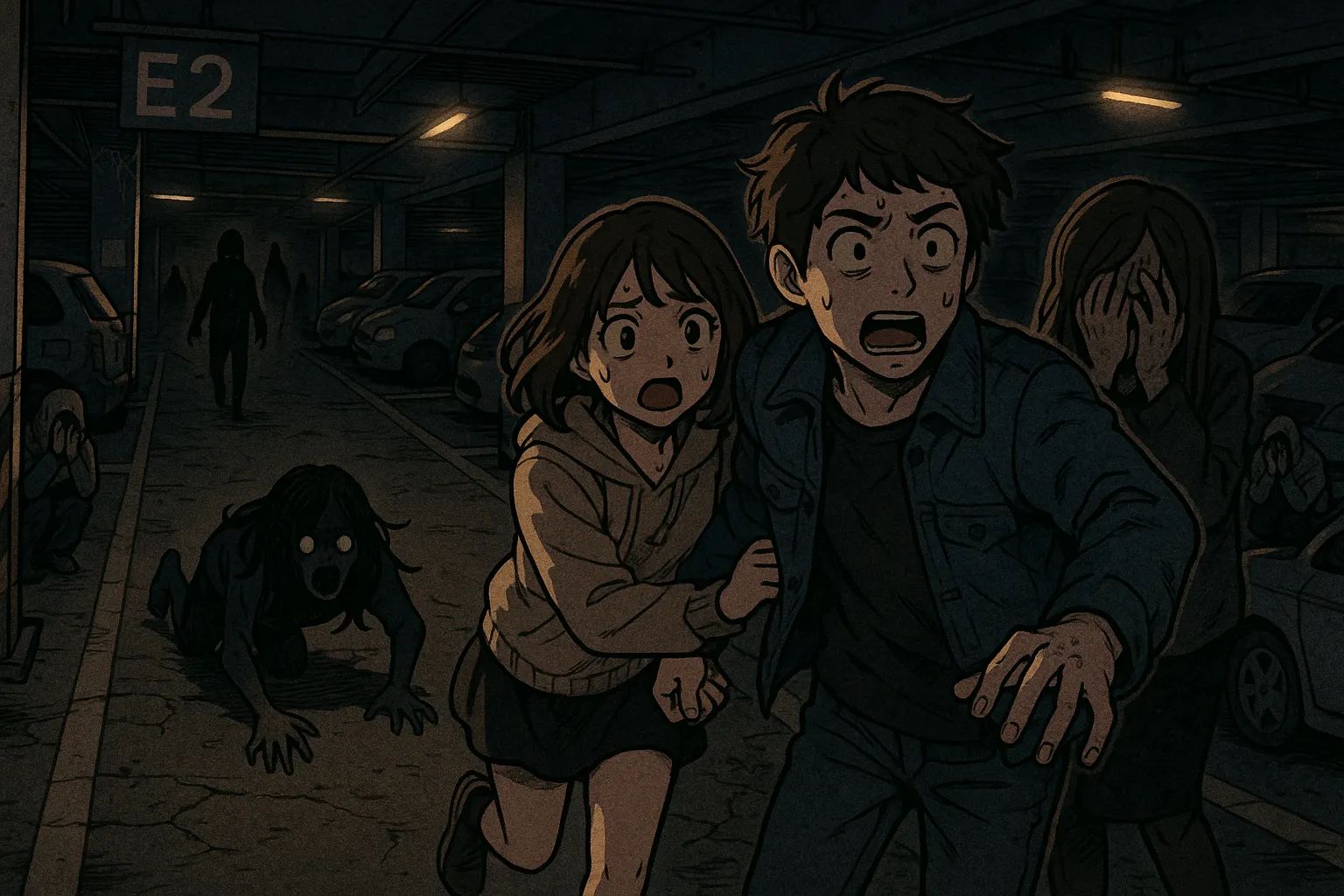 Japanese Ghost Story illustration "title: Parking Lot of the Giant Mall"