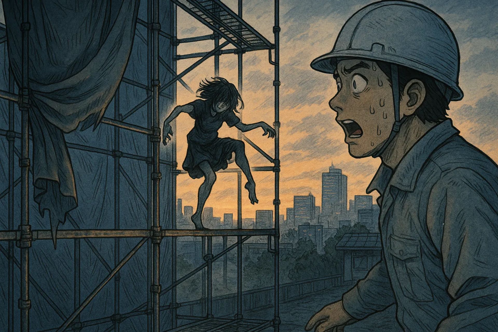 Japanese Ghost Story illustration "title: The Woman Dancing on the Scaffolding"