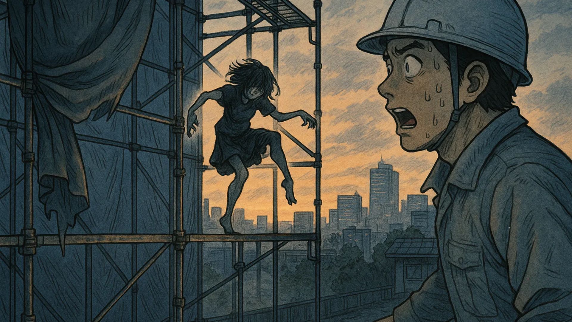 Japanese Ghost Story illustration "title: The Woman Dancing on the Scaffolding"