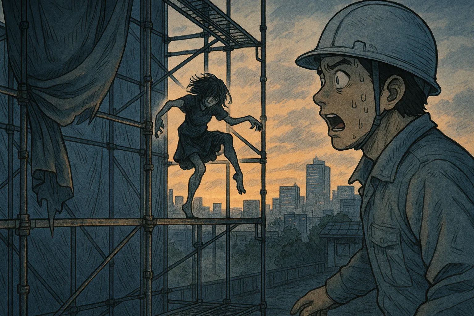 Japanese Ghost Story illustration "title: The Woman Dancing on the Scaffolding"