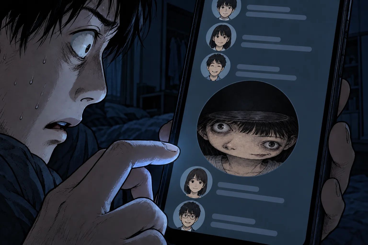 Japanese Ghost Story illustration "title: The Face on Social Media"