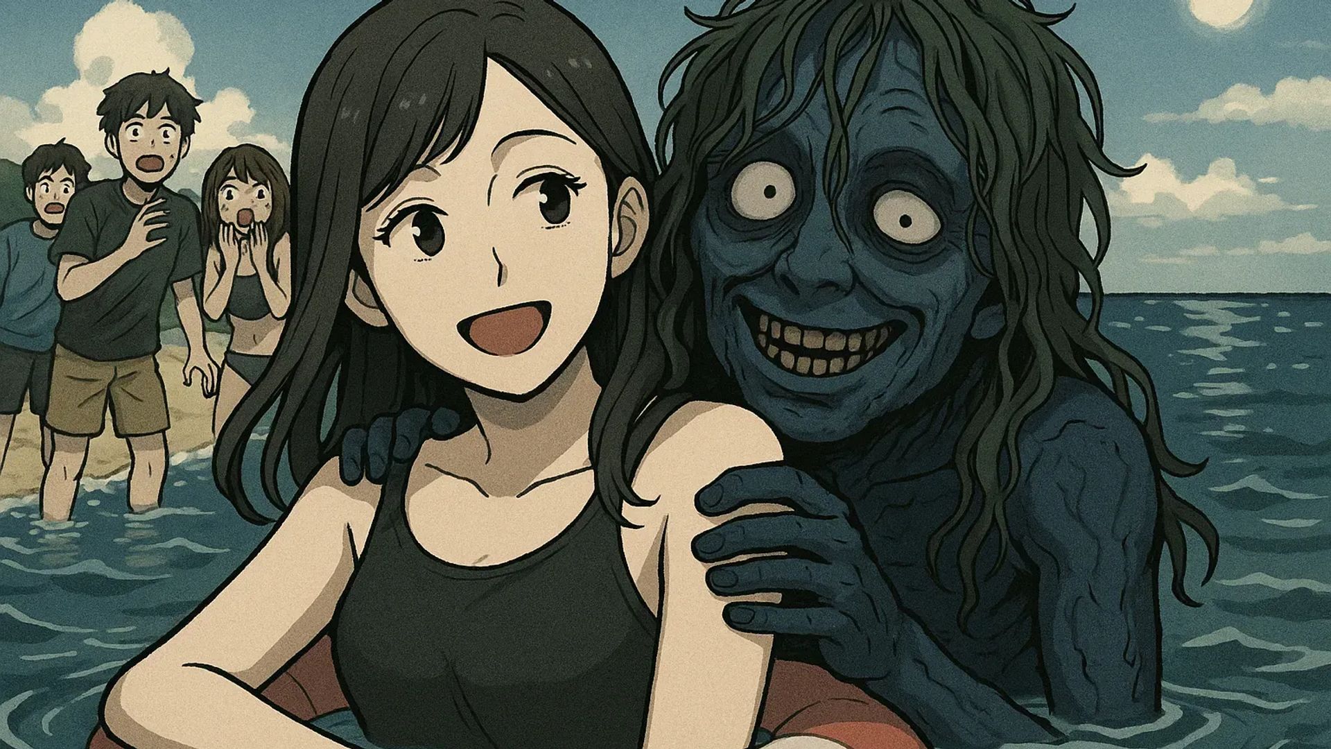 Japanese Ghost Story illustration "title: The Beautiful Woman in the Ocean"