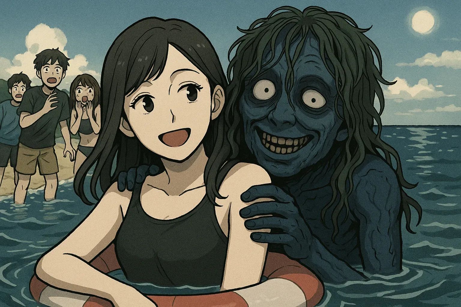 Japanese Ghost Story illustration "title: The Beautiful Woman in the Ocean"