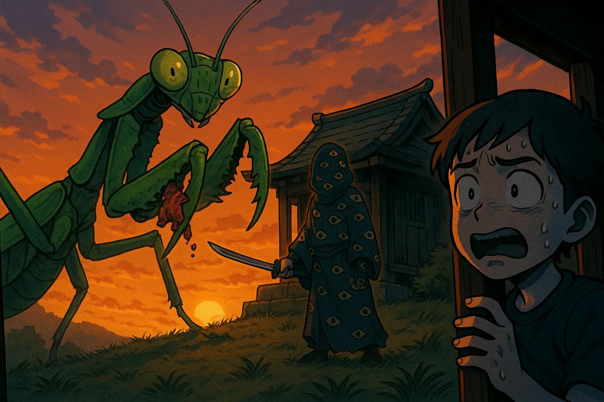 Japanese Ghost Story illustration "title: The Mantis on the Mountain Peak"