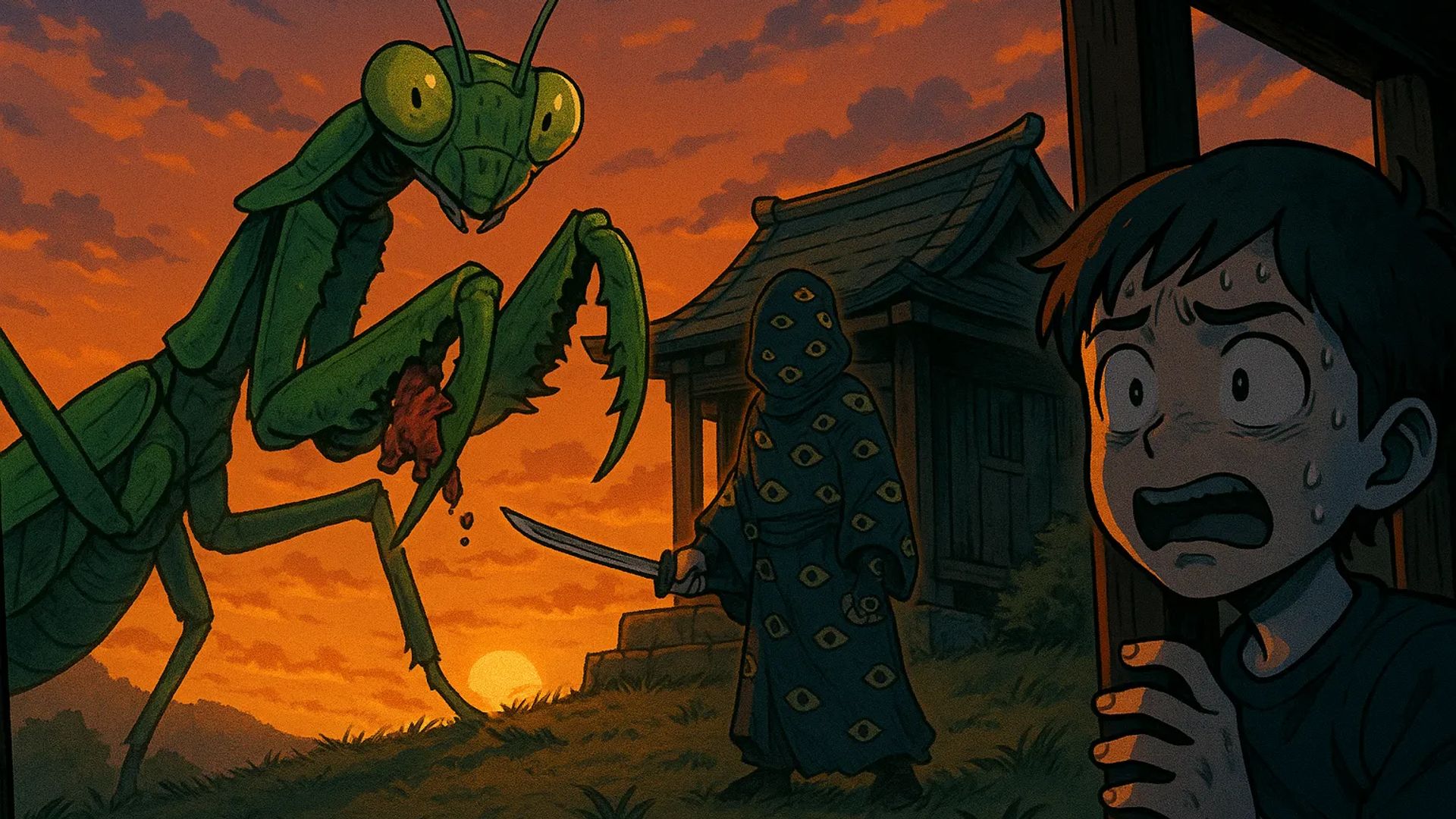 Japanese Ghost Story illustration "title: The Mantis on the Mountain Peak"