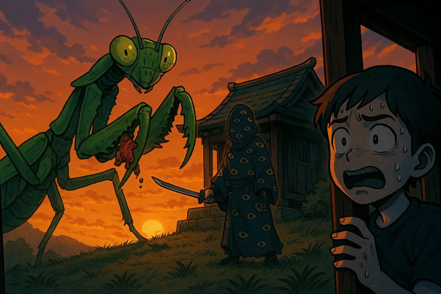 Japanese Ghost Story illustration "title: The Mantis on the Mountain Peak"