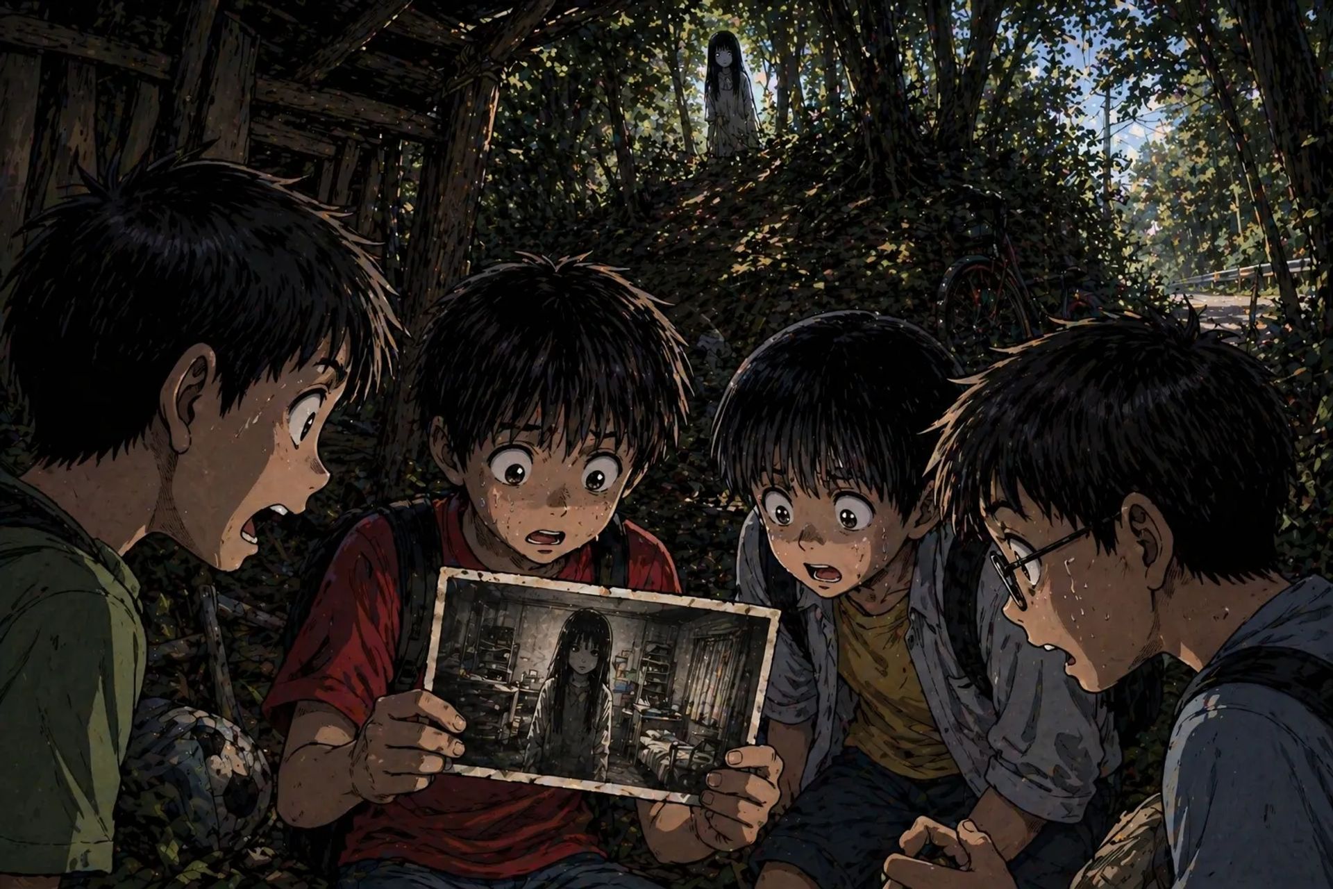Japanese Ghost Story illustration "title: The Photo We Found in the Mountain"