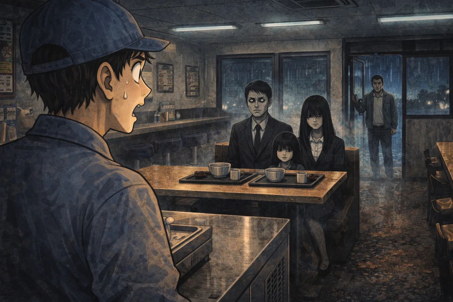Japanese Ghost Story illustration "title: 深夜アルバイト"