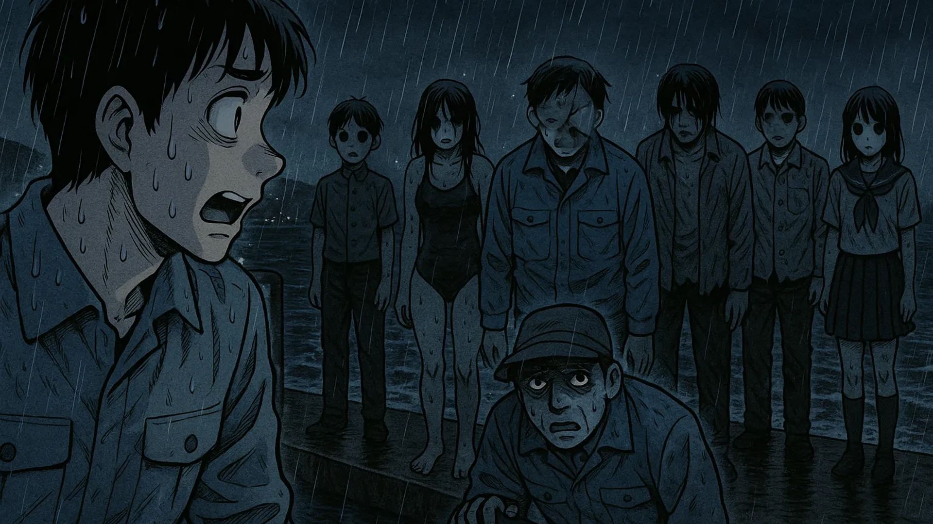 Japanese Ghost Story illustration "title: The Seven of the Reclaimed Land"