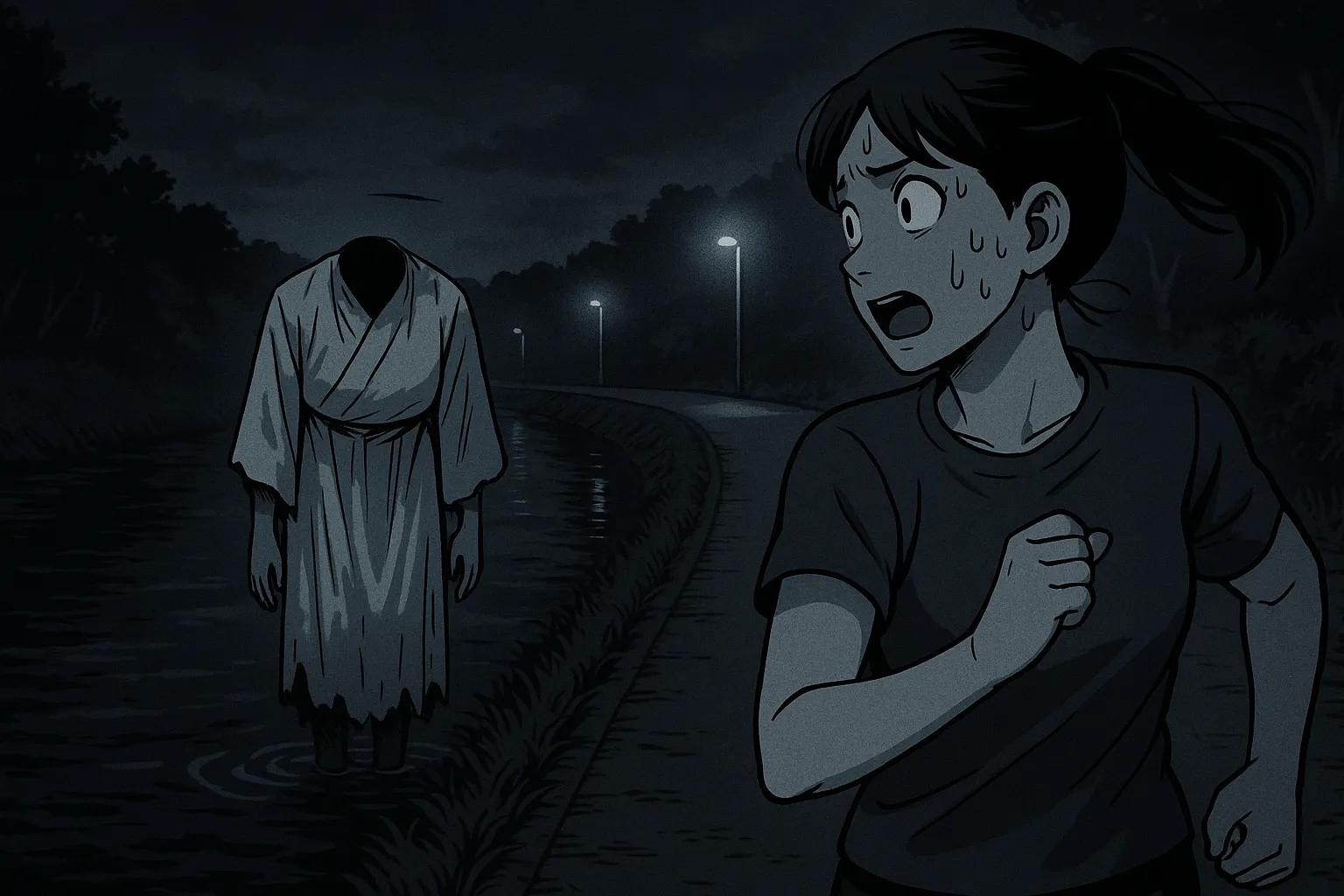 Japanese Ghost Story illustration "title: 首なし川の言い伝え"