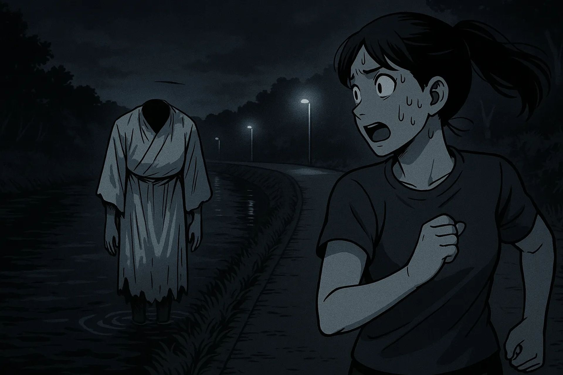 Japanese Ghost Story illustration "title: The Legend of Headless River"