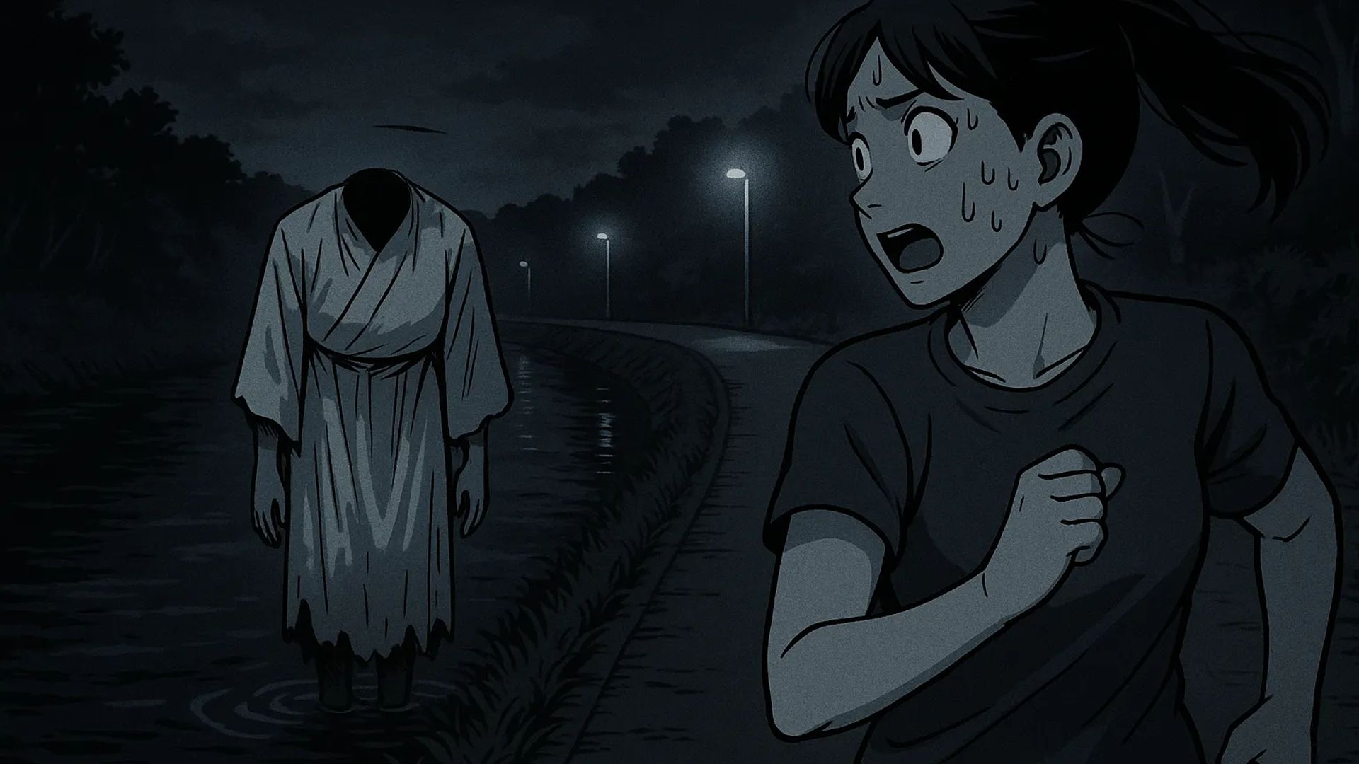 Japanese Ghost Story illustration "title: The Legend of Headless River"