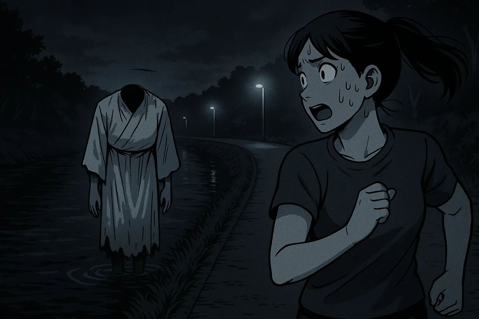 Japanese Ghost Story illustration "title: The Legend of Headless River"