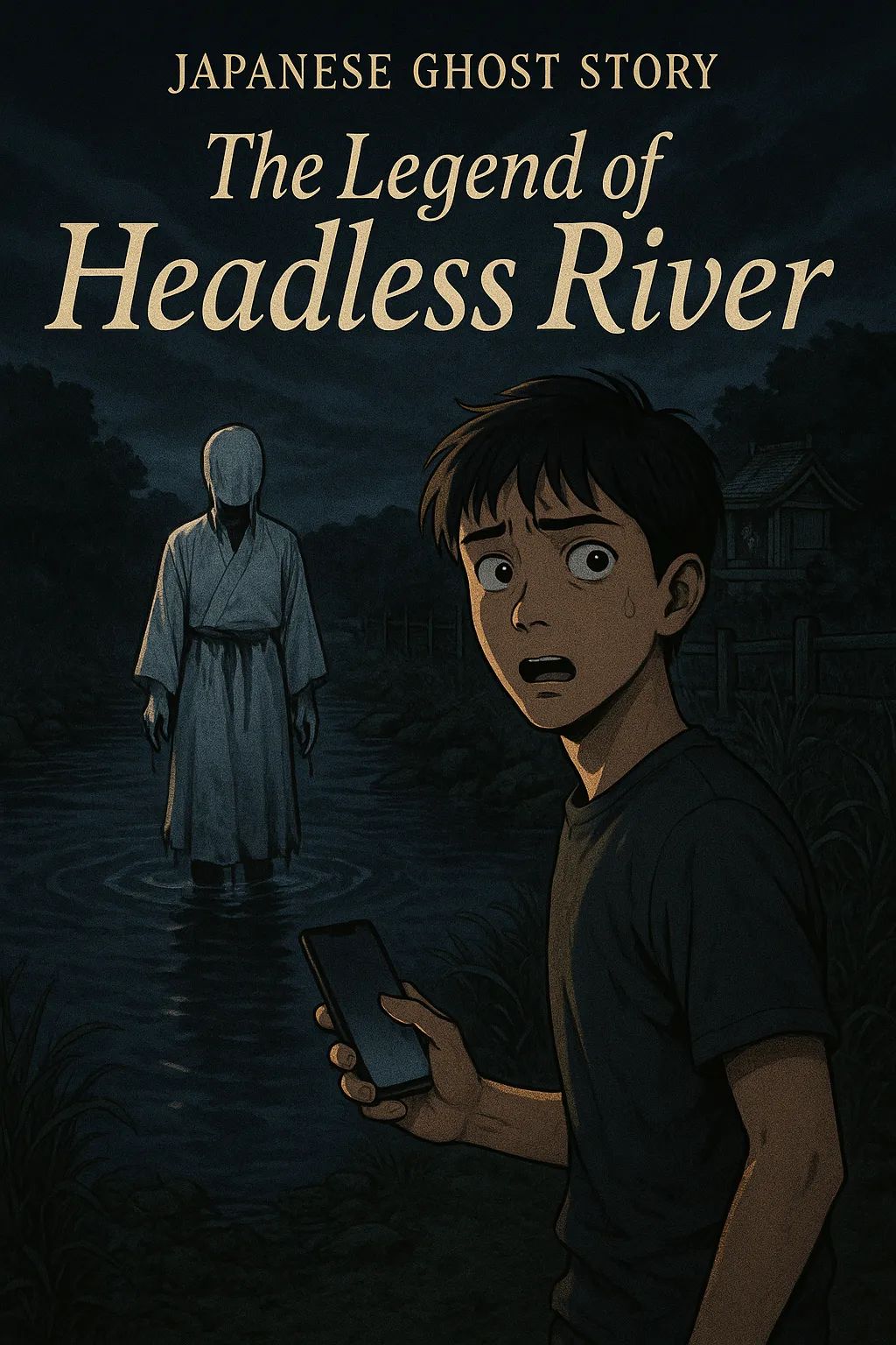 Japanese Ghost Story illustration "title: The Legend of Headless River"