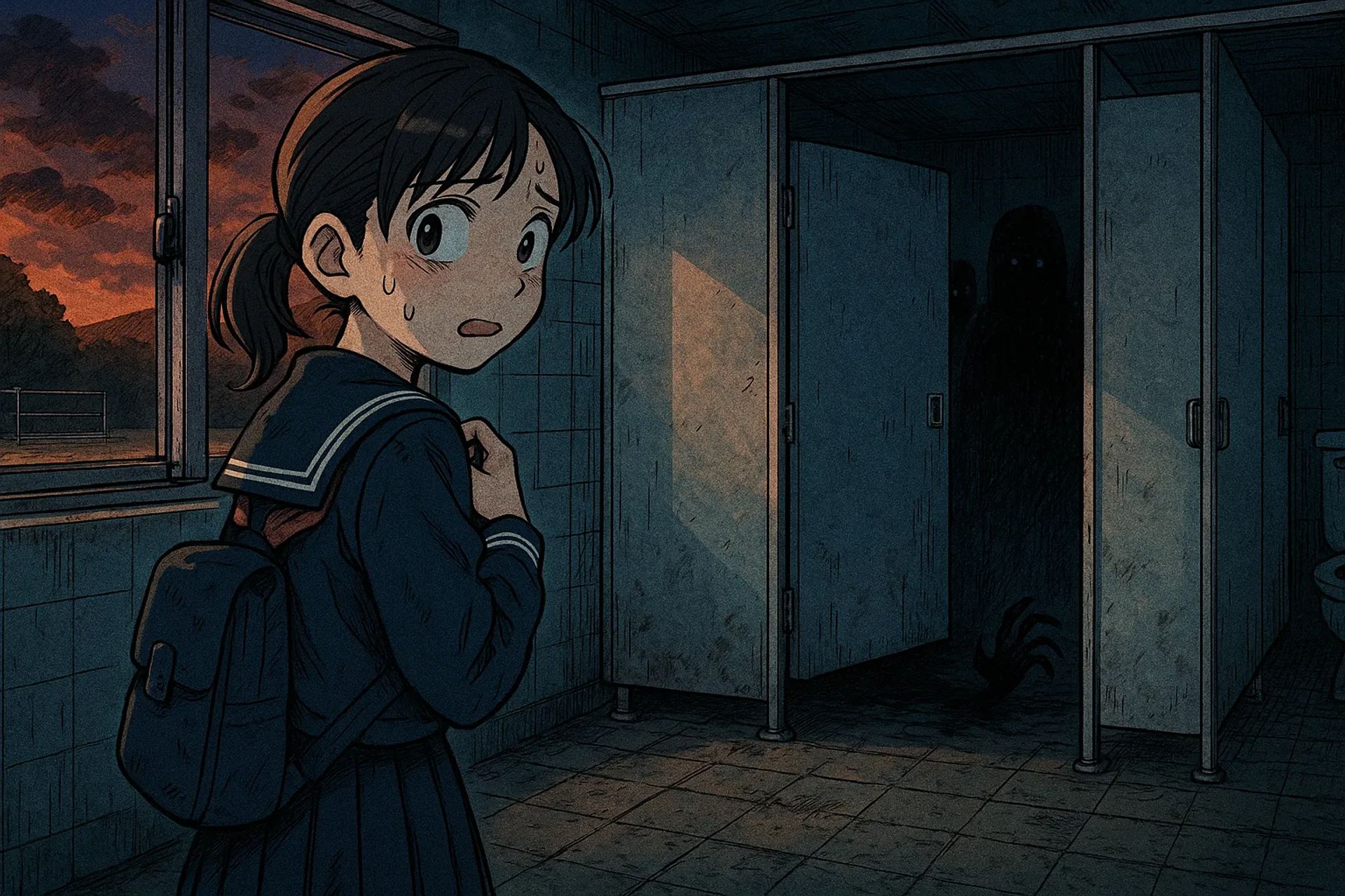 Japanese Ghost Story illustration "title: The Toilet Beside the Schoolyard"