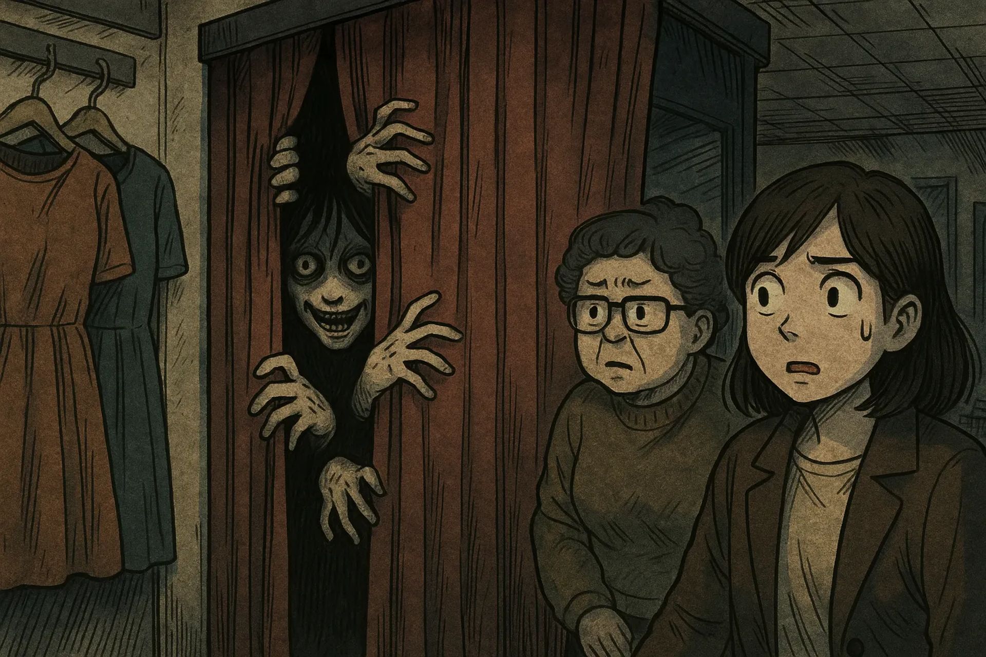 Japanese Ghost Story illustration "title: The Thing in the Fitting Room"
