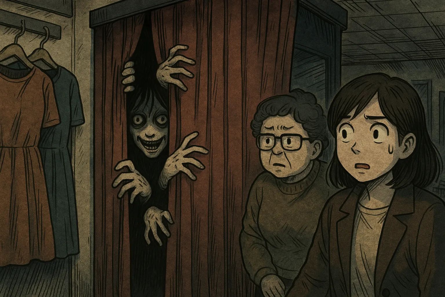 Japanese Ghost Story illustration "title: The Thing in the Fitting Room"