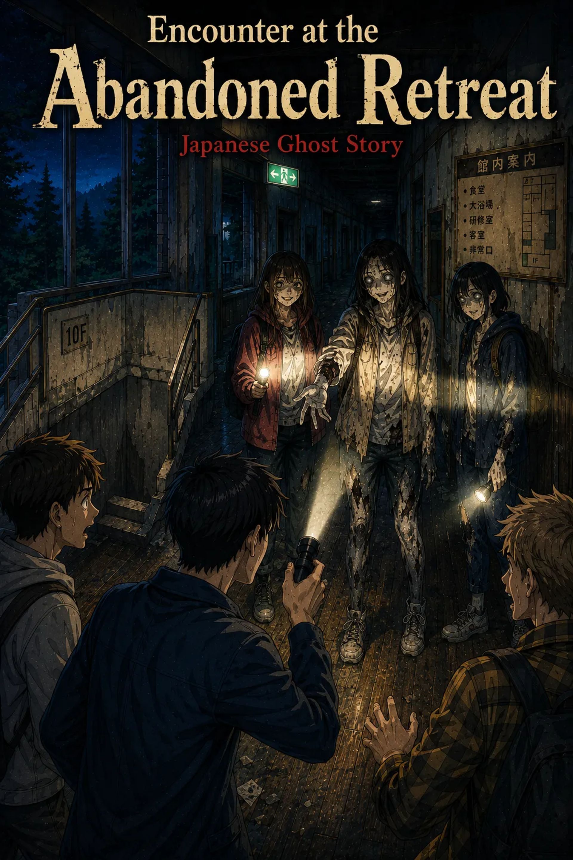 Japanese Ghost Story illustration "title: Encounter at the Abandoned Retreat"