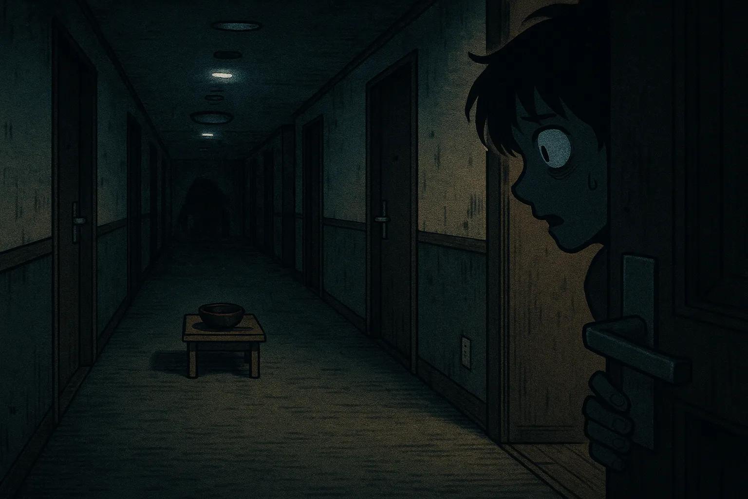 Japanese Ghost Story illustration "title: The Strange Ritual of the Business Hotel"