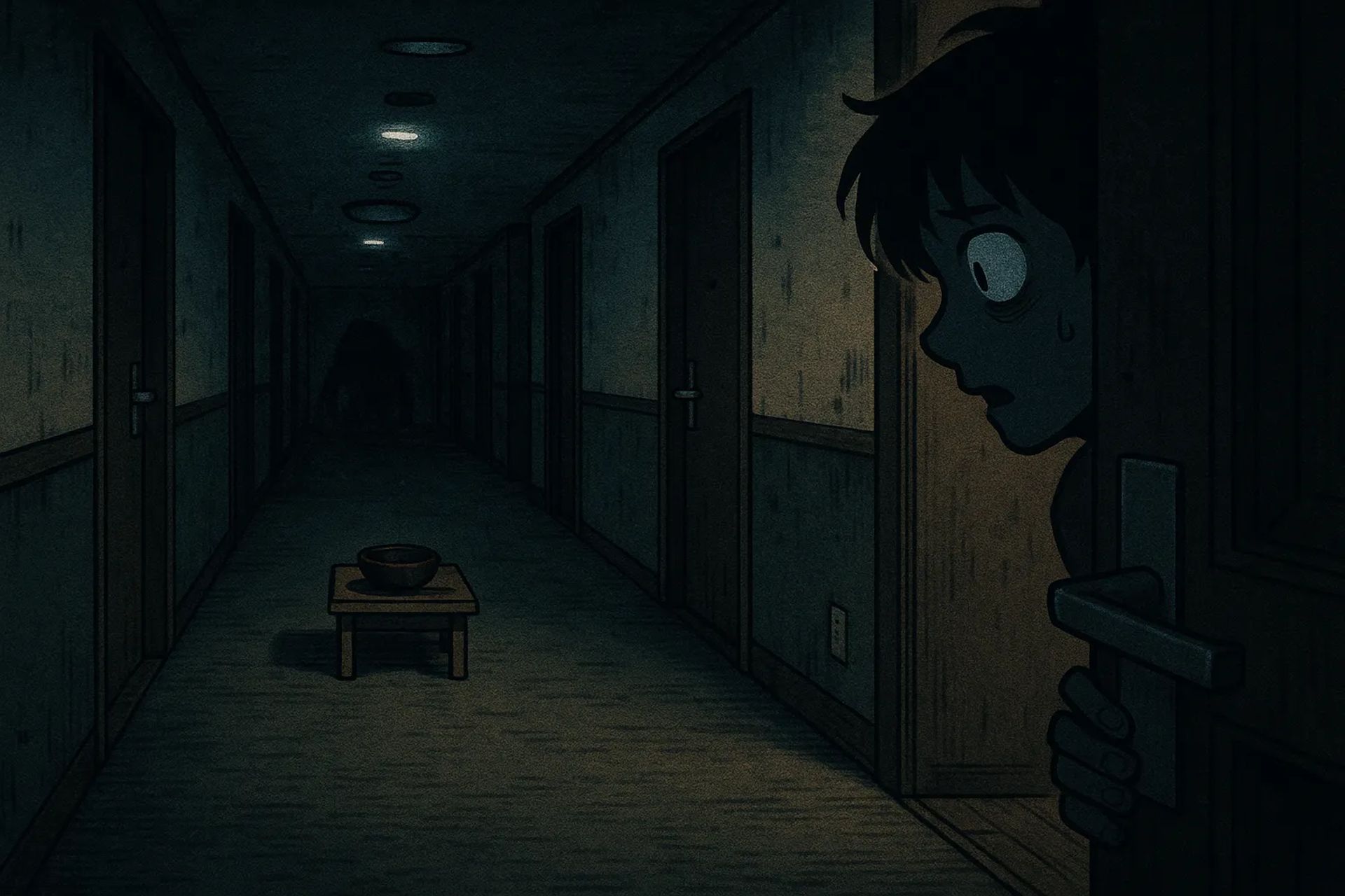 Japanese Ghost Story illustration "title: The Strange Ritual of the Business Hotel"