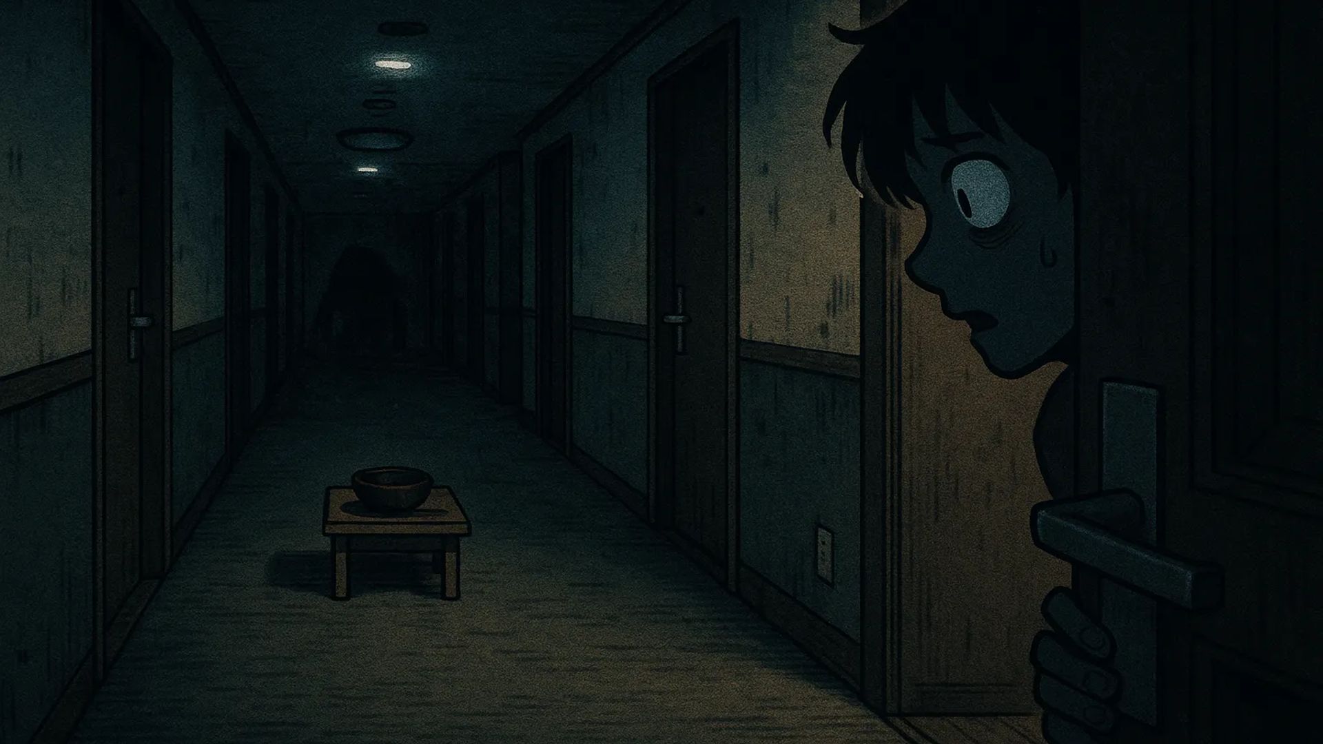 Japanese Ghost Story illustration "title: The Strange Ritual of the Business Hotel"