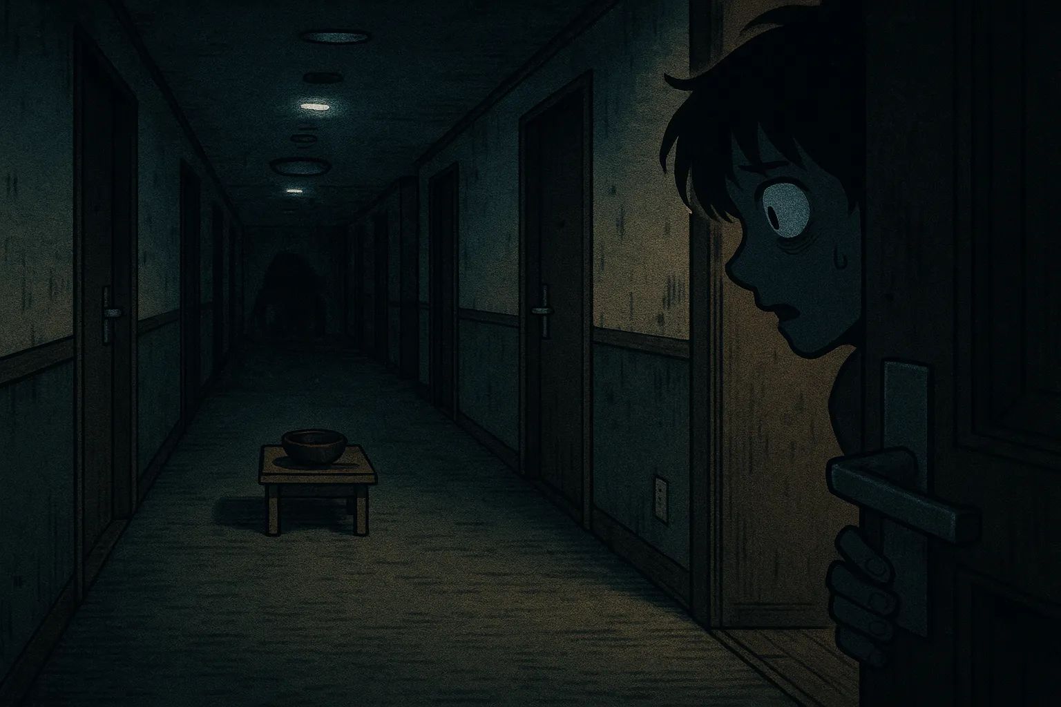 Japanese Ghost Story illustration "title: The Strange Ritual of the Business Hotel"