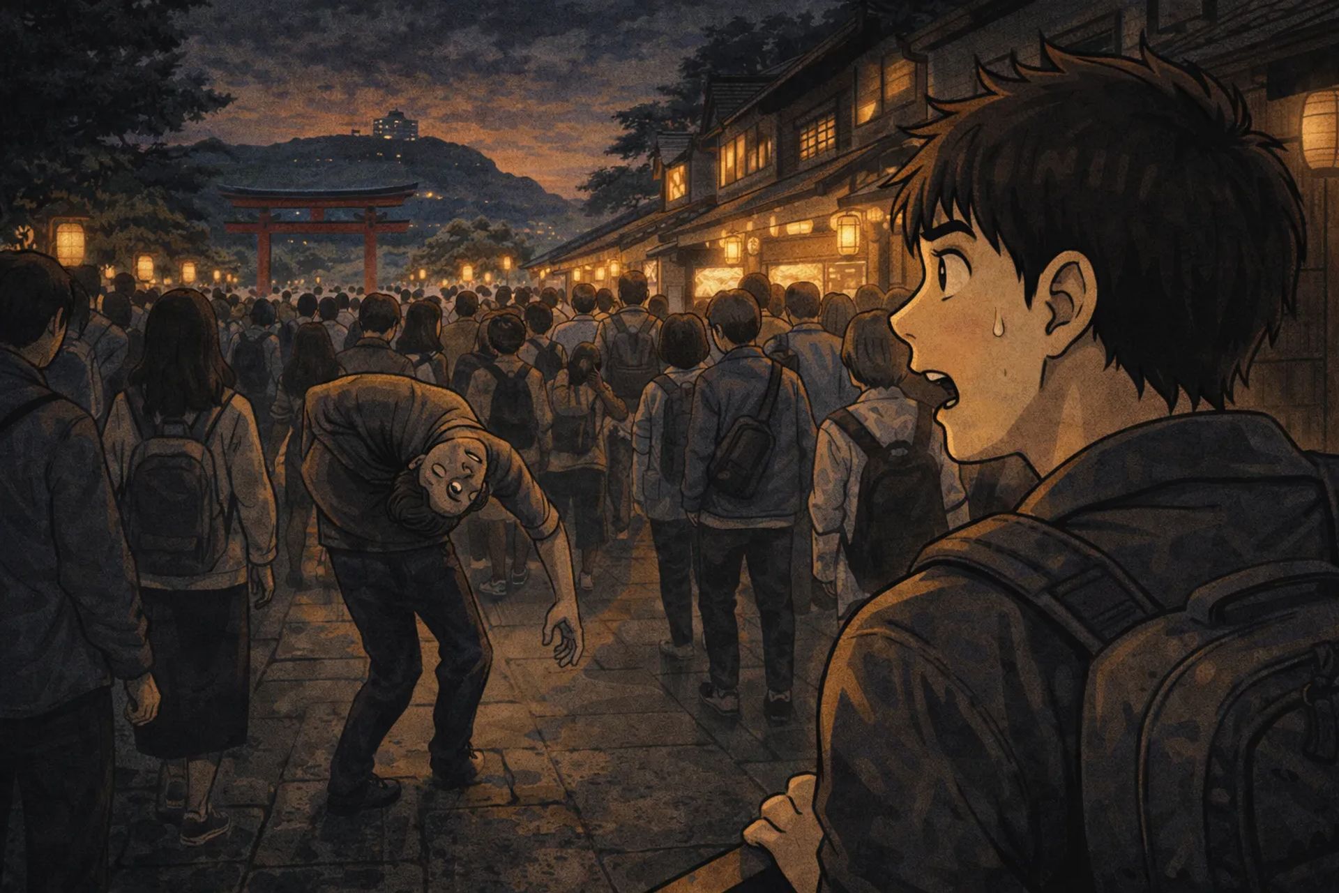 Japanese Ghost Story illustration "title: The Wriggling Thing at the Tourist Spot"