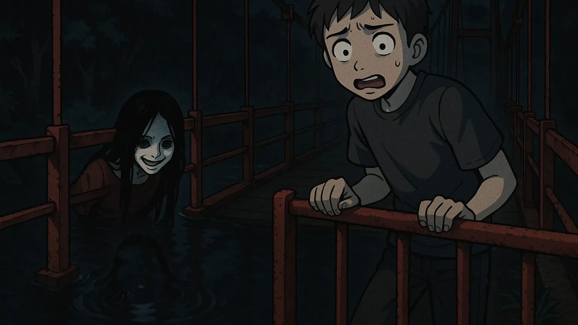 Japanese Ghost Story illustration "title: The Woman of the Red Bridge"