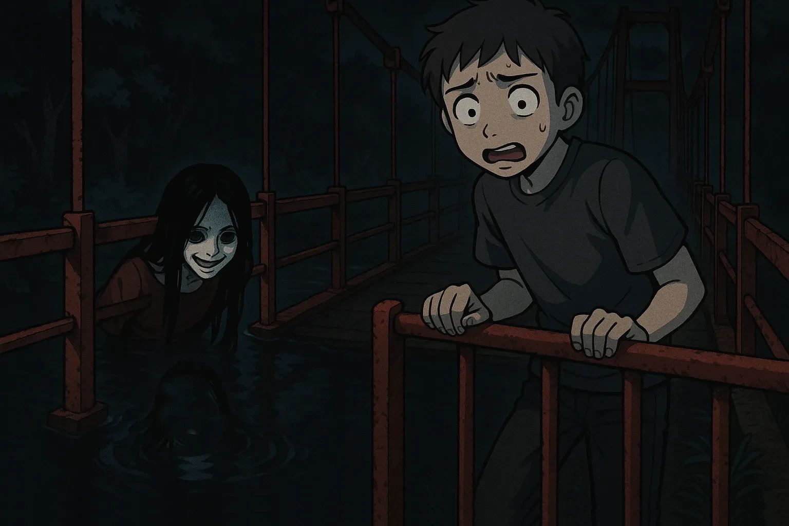 Japanese Ghost Story illustration "title: The Woman of the Red Bridge"