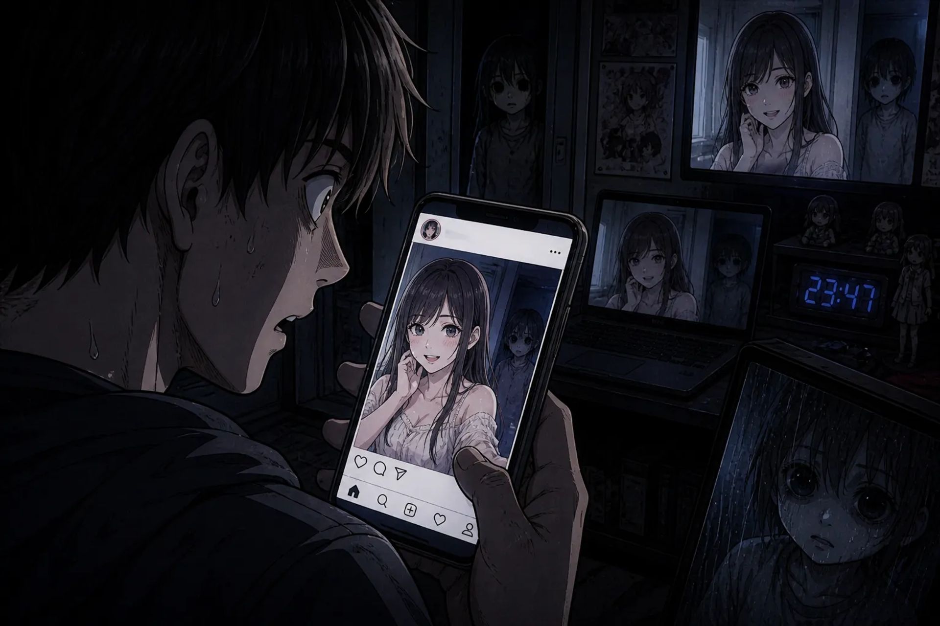 Japanese Ghost Story illustration "title: AI Beauty Account"