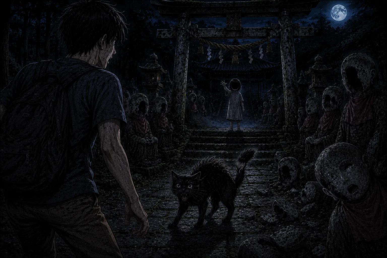 Japanese Ghost Story illustration "title: クロと鳥居"
