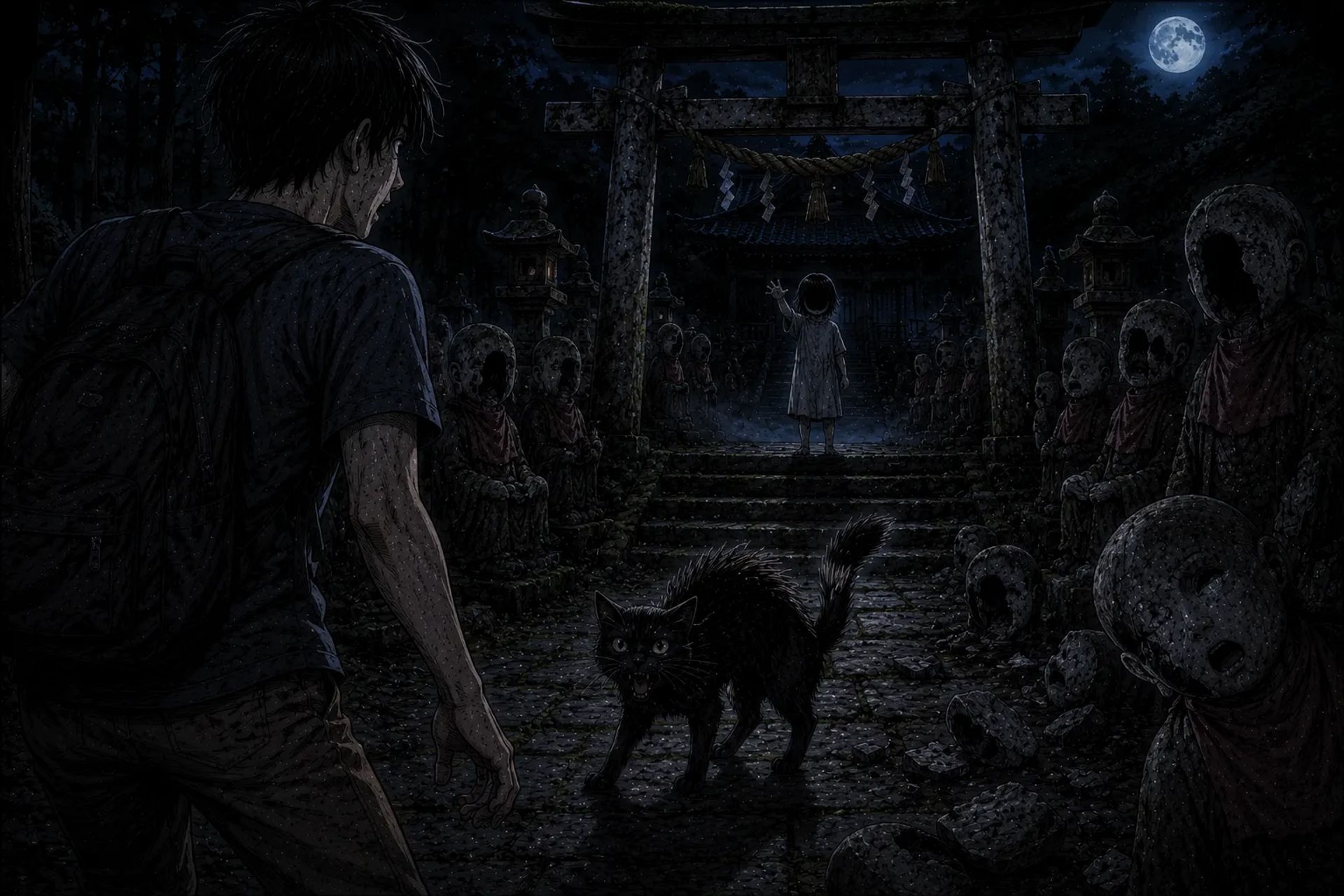 Japanese Ghost Story illustration "title: Kuro and the Torii Gate"