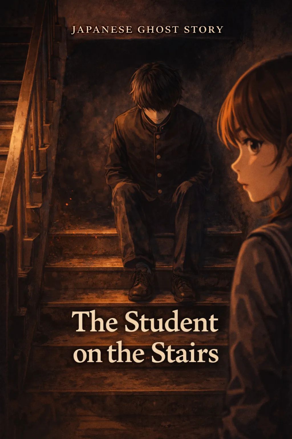Japanese Ghost Story illustration "title: The Student on the Stairs"