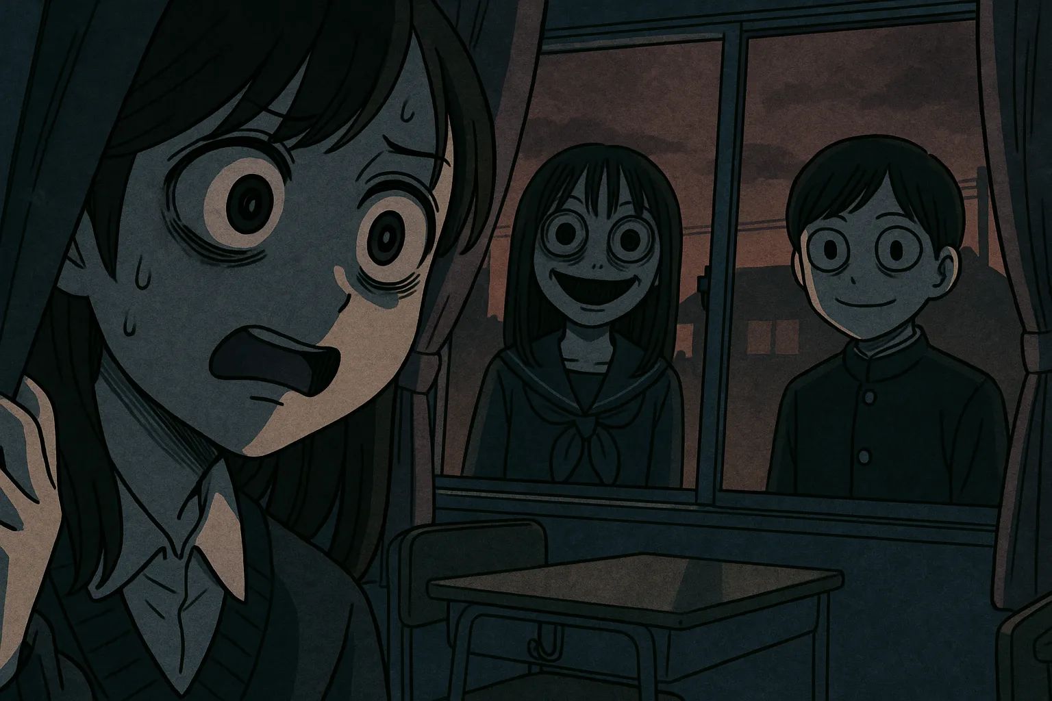 Japanese Ghost Story illustration "title: An Unfamiliar Classmate"